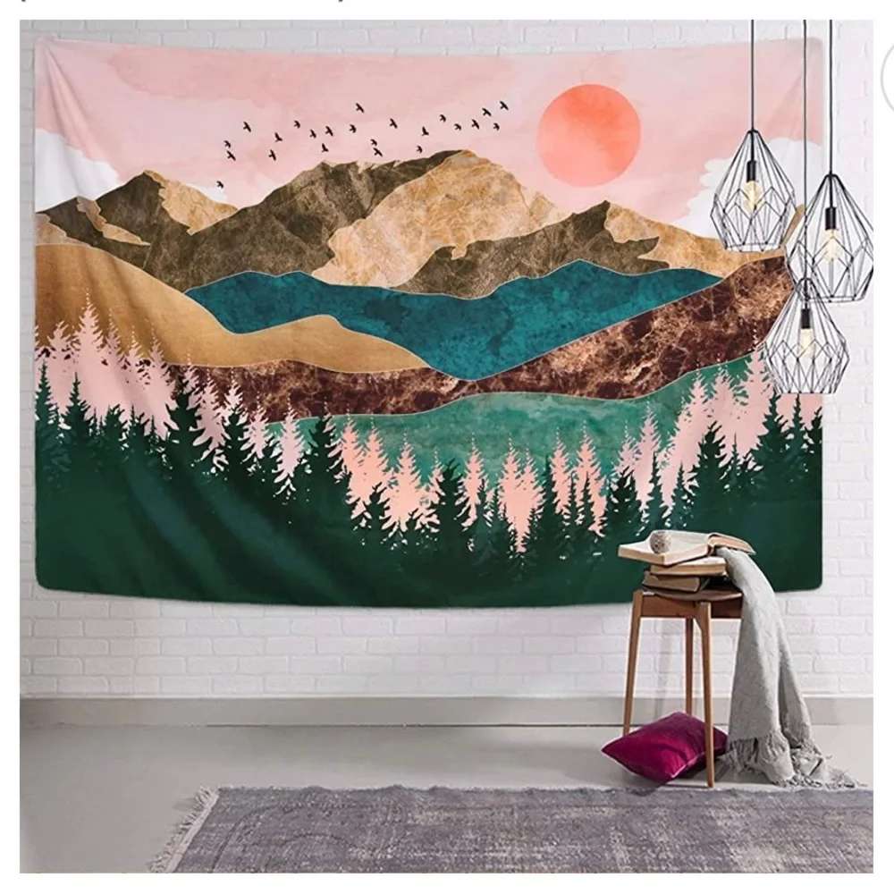 Beautiful pink sky mountainscape wall tapestry